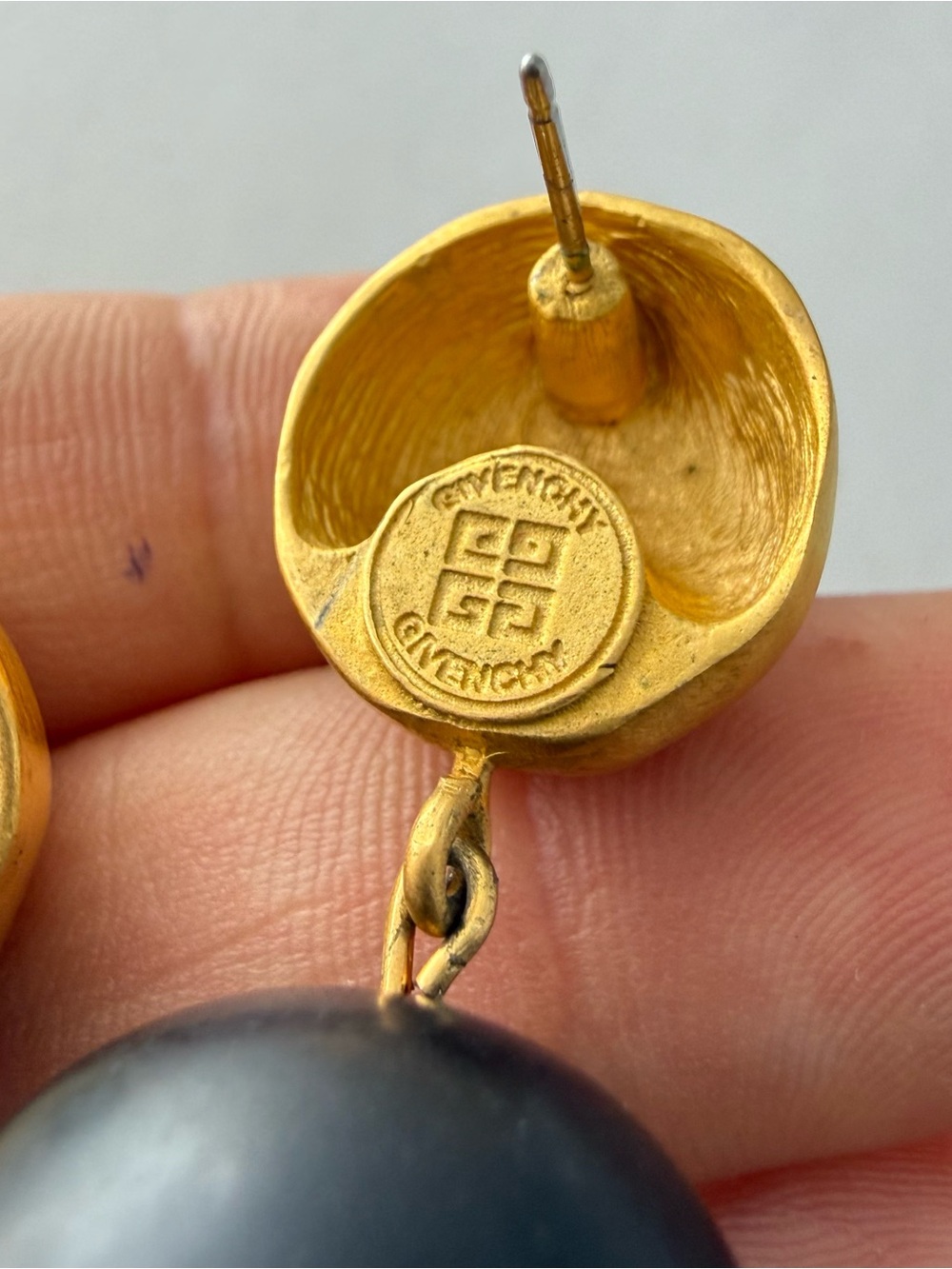 Vintage Givenchy Signed Matte Brushed Goldtone Black Double Ball Dangle Earrings - Picture 7 of 8